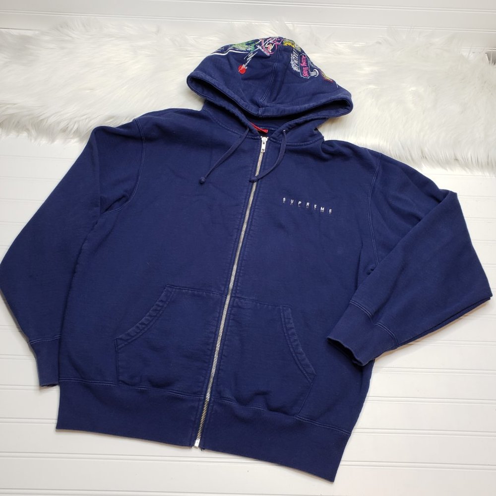 Supreme Globe Zip Up Hooded Sweatshirt Navy Blue Men’s Size Medium Embroidered - Picture 4 of 13